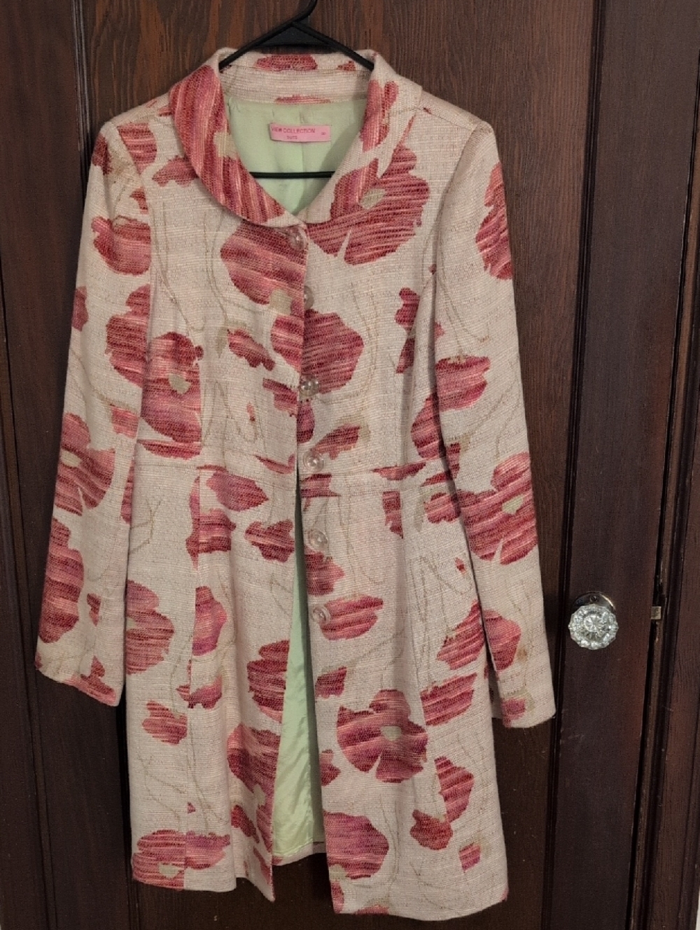 Cream Trench Coat with Pink Floral Jacquard Preppy Size 8